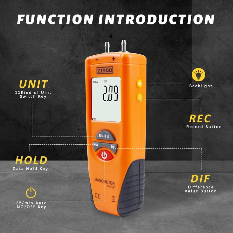 ZIBOO ET1013 Digital Manometer, Air and Gas Pressure Tester, Differential Dual Port Pressure Gauge, Large LCD Display with Backlight,HVAC Gas Pressure Tester - Image 2